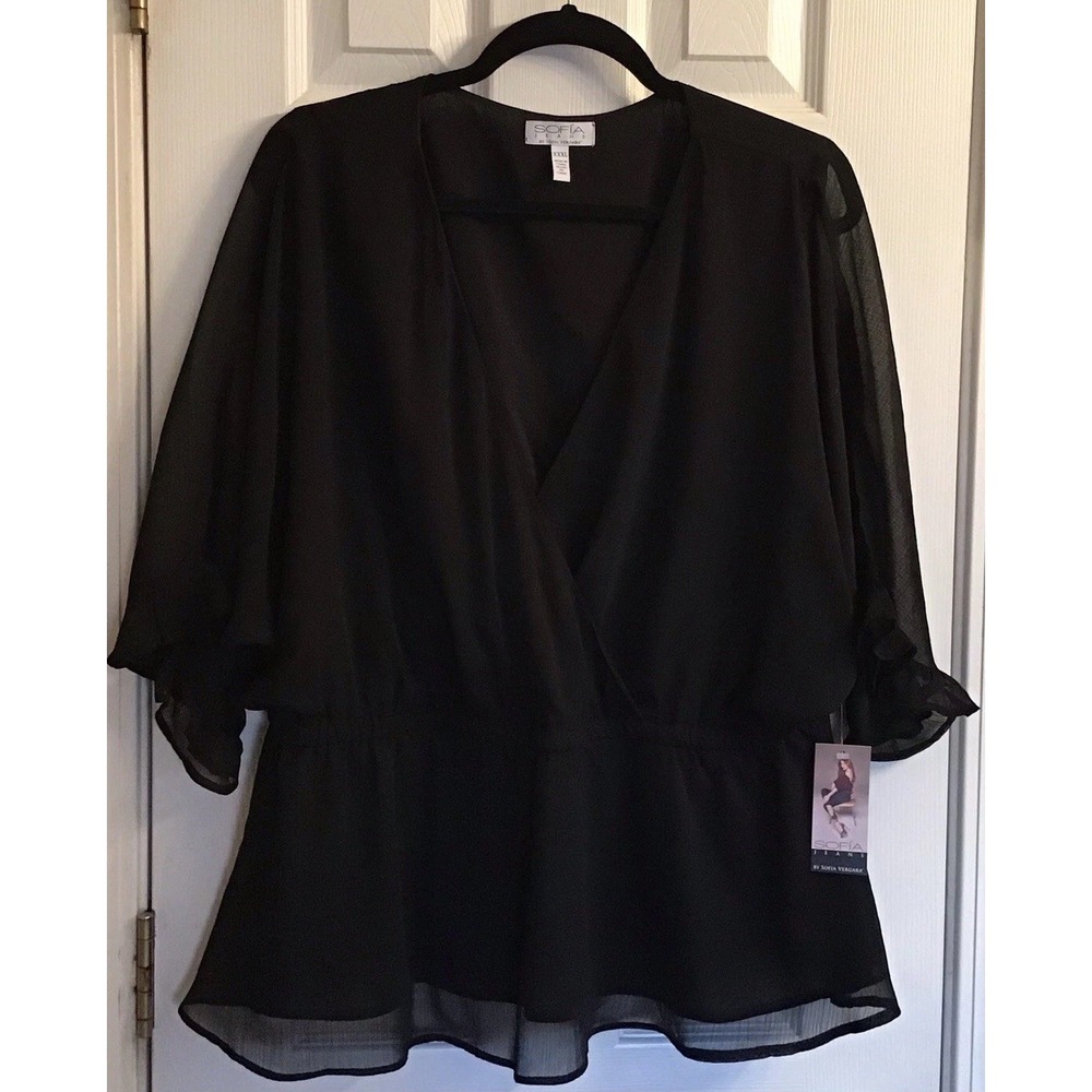 NWT Sofia Vergara by Sofia Jeans Black Chiffon Short Sleeve Blouse Size XXXL
